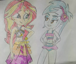 Size: 1280x1070 | Tagged: safe, artist:warioman69, imported from derpibooru, lyra heartstrings, sunset shimmer, human, equestria girls, clothes, cute, duo, eyeshadow, flower, flower in hair, grin, hand on hip, lidded eyes, looking at each other, looking at someone, lyrabetes, makeup, smiling, smiling at each other, swimsuit