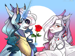 Size: 1600x1200 | Tagged: safe, artist:legendaryshadee, imported from derpibooru, oc, oc only, alicorn, bat pony, pony, clothes, duo, flower, magic, male, rose, shirt, stallion