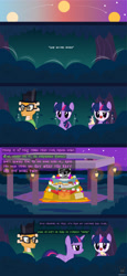 Size: 1793x3906 | Tagged: safe, artist:wheatley r.h., derpibooru exclusive, imported from derpibooru, twilight sparkle, oc, oc:myoozik the dragon, oc:twi clown, alicorn, dragon, pony, unicorn, comic:between skull and flowers, altar de muertos, angry, bush, catrina (calavera garbancera), cempasúchil, chewing, clothes, comic, dragon oc, eating, female, flower, folded wings, food, forest, glasses, hat, horn, lamp, male, mare, nature, night, night sky, non-pony oc, onomatopoeia, outdoors, sky, structure, top hat, tree, twilight sparkle (alicorn), unicorn oc, vector, watermark, wings