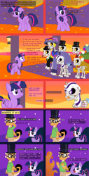 Size: 1793x3528 | Tagged: safe, artist:wheatley r.h., derpibooru exclusive, imported from derpibooru, twilight, twilight sparkle, oc, oc:myoozik the dragon, oc:twi clown, alicorn, dragon, pony, skeleton pony, unicorn, comic:between skull and flowers, altar de muertos, angry, bone, bow, bush, catrina (calavera garbancera), cempasúchil, clothes, comic, dragon oc, female, flower, folded wings, forest, g1, glasses, hat, horn, lamp, male, mare, nature, night, night sky, non-pony oc, onomatopoeia, outdoors, shocked, shocked expression, skeleton, sky, stallion, structure, tail, tail bow, top hat, tree, twilight sparkle (alicorn), unicorn oc, vector, watermark, wings