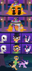 Size: 1793x3906 | Tagged: safe, artist:wheatley r.h., derpibooru exclusive, imported from derpibooru, twilight, twilight sparkle, oc, oc:myoozik the dragon, oc:twi clown, alicorn, dragon, pony, skeleton pony, unicorn, comic:between skull and flowers, altar de muertos, angry, bone, bow, bush, catrina (calavera garbancera), cempasúchil, clothes, comic, dragon oc, female, flower, folded wings, forest, g1, glasses, hat, horn, lamp, male, mare, nature, night, night sky, non-pony oc, onomatopoeia, outdoors, running away, scared, screaming, skeleton, sky, structure, tail, tail bow, top hat, tree, twilight sparkle (alicorn), unicorn oc, vector, watermark, wings