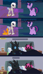 Size: 1793x3078 | Tagged: safe, artist:wheatley r.h., derpibooru exclusive, imported from derpibooru, twilight, twilight sparkle, oc, oc:lara, oc:w. rhinestone eyes, alicorn, changeling, pony, skeleton pony, unicorn, comic:between skull and flowers, bed, blue changeling, bone, bow, bush, changeling oc, clothes, comic, female, folded wings, g1, heart, honeypot changeling, horn, male, mare, nature, night, night sky, onomatopoeia, outdoors, pink changeling, skeleton, sky, sleeping, tail, tail bow, twilight sparkle (alicorn), unicorn oc, vector, watermark, wings