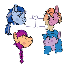 Size: 809x752 | Tagged: safe, artist:arsonrabbit, imported from derpibooru, izzy moonbow, sunny starscout, oc, oc:elsie moonarch, earth pony, pony, unicorn, argyle starshine, braid, canon x oc, digital art, doodle, facial hair, family, family tree, father and child, father and daughter, female, g5, glasses, headcanon, horn, looking at each other, looking at someone, male, mare, mother and child, mother and daughter, my little pony: a new generation, offspring, parent:argyle starshine, parent:oc:elsie moonarch, parents:canon x oc, shipping, siblings, sideburns, simple background, sister, sisters, stallion, straight, theory, tied mane, unicorn oc, white background