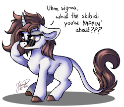 Size: 3003x2589 | Tagged: safe, artist:julunis14, imported from derpibooru, oc, oc only, oc:dorm pony, pony, unicorn, brainrot, gen alpha, horn, solo, speech, sunglasses, talking, why