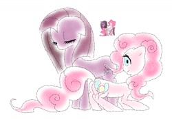 Size: 1186x825 | Tagged: safe, artist:mortalcoil17, imported from derpibooru, pinkie pie, earth pony, pony, duo, duo female, eyes closed, female, pinkamena diane pie, self paradox, self ponidox, simple background, white background