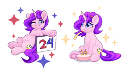 Size: 3840x2160 | Tagged: safe, artist:rivin177, imported from derpibooru, oc, oc only, oc:rivin, pony, unicorn, birthday, birthday cake, birthday candles, cake, candle, food, frog (hoof), grin, horn, looking at you, one eye closed, party horn, simple background, smiling, smiling at you, solo, underhoof, white background