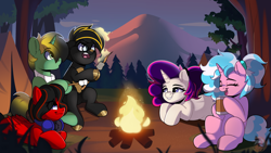 Size: 1920x1080 | Tagged: safe, artist:joaothejohn, imported from derpibooru, oc, oc:cody, oc:fancy cat, oc:kali, oc:lexie, oc:sam, earth pony, pegasus, pony, unicorn, campfire, camping, clothes, commission, earth pony oc, eyes closed, fire, food, forest, gold, gradient mane, headset, horn, horns, laughing, looking at each other, looking at someone, lying down, marshmallow, mountain, multicolored hair, nature, pegasus oc, scarf, sitting, smiling, tree, unicorn oc, wings