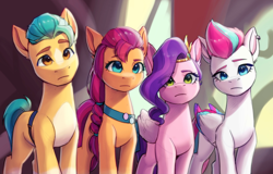 Size: 2480x1589 | Tagged: safe, artist:xiaowu07, imported from derpibooru, hitch trailblazer, pipp petals, sunny starscout, zipp storm, earth pony, pegasus, pony, female, fit right in (g5), g5, male, mare, my little pony: a new generation, stallion