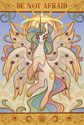 Size: 2362x3494 | Tagged: safe, artist:lenori, imported from derpibooru, princess celestia, alicorn, pony, angel, be not afraid, biblically accurate angels, cloud, eye, eyes, eyes do not belong there, female, mare, multiple wings, solo, wings