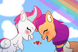 Size: 750x500 | Tagged: safe, artist:without-rhyme-or-reason, imported from derpibooru, sunny starscout, zipp storm, earth pony, pegasus, pony, blushing, chest fluff, duo, duo female, ear fluff, eyes closed, facing each other, female, g5, heart, lesbian, mane stripe sunny, mare, my little pony: tell your tale, shipping, sunnystorm, unitober 2024