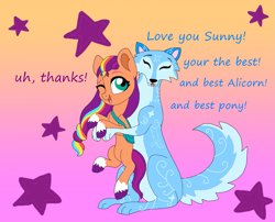 Size: 1329x1075 | Tagged: safe, artist:bluestar386, imported from derpibooru, sunny starscout, oc, oc:luna wolf, earth pony, pony, wolf, abstract background, best pony, cute, dialogue, duo, eyes closed, female, g5, gradient background, hug, hug from behind, implied sunnycorn, mane stripe sunny, mare, misspelling of you're, one eye closed, stars, sunnybetes