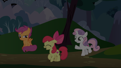 Size: 6000x3375 | Tagged: safe, imported from derpibooru, apple bloom, scootaloo, sweetie belle, earth pony, pegasus, pony, unicorn, adobe, adventure, bow, cutie mark crusaders, female, filly, foal, hair bow, happy, horn, mountain, night, outdoors, show accurate, tree, trio, vector