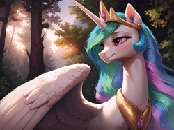 Size: 8192x6144 | Tagged: safe, imported from derpibooru, princess celestia, alicorn, pony, 4k, absurd resolution, ai content, ai generated, chest fluff, female, fluffy, forest, glowing, glowing eyes, high res, mare, nature, outdoors, prompter:molagbal, smiling, solo, solo female, spread wings, sunset, tree, wings