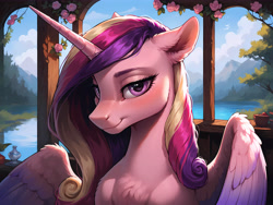 Size: 8192x6144 | Tagged: safe, imported from derpibooru, princess cadance, alicorn, pony, 4k, absurd resolution, ai content, ai generated, bedroom eyes, chest fluff, female, fluffy, fur, glowing, glowing eyes, high res, lake, looking at you, mare, mountain, outdoors, prompter:molagbal, seductive, seductive look, smiling, smiling at you, solo, solo female, tree, water