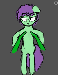 Size: 366x466 | Tagged: safe, artist:dowi, imported from derpibooru, oc, oc only, earth pony, pony, cute, female, gray background, holding a pony, looking at you, mare, purple mane, simple background, solo, unamused