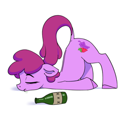 Size: 1600x1500 | Tagged: safe, artist:aquaticvibes, imported from derpibooru, berry punch, berryshine, earth pony, pony, alcohol, beer, beer bottle, bottle, dock, drunk, eyes closed, face down ass up, female, floppy ears, mare, passed out, raised tail, simple background, solo, tail, white background