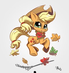 Size: 2461x2614 | Tagged: safe, artist:lytlethelemur, imported from derpibooru, applejack, earth pony, pony, autumn, autumn leaves, cute, female, jackabetes, leaf, leaves, mare, rake, signature, simple background, smiling, solo, white background