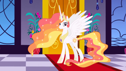 Size: 1280x720 | Tagged: safe, imported from derpibooru, princess celestia, alicorn, ethereal mane, ethereal tail, female, mare, redesign, solo, solo female, tail