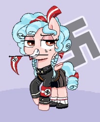 Size: 493x602 | Tagged: safe, artist:downer, imported from derpibooru, cozy glow, pegasus, pony, armband, clothes, dreamworks face, female, filly, flag, foal, hitler youth, looking at you, mare, mouth hold, my little pony, nazi, op is a duck, shoes, skirt, smiling, solo, swastika, uniform