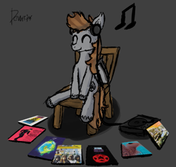 Size: 765x729 | Tagged: safe, artist:dowi, imported from derpibooru, oc, oc only, oc:devin, bat pony, pony, 2112, album, album cover, bipedal, chair, classic rock, country music, cute, cute little fangs, desolation boulevard, eyes closed, fangs, fragile, full moon fever, glam rock, gray background, gunfighter ballads and trail songs, headphones, houses of the holy, led zeppelin, listening to music, male, marty robbins, meddle, music, music notes, pink floyd, record, record player, rush, simple background, sitting, solo, stallion, sweet, tom petty, vinyl, yes, yes (band)