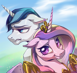 Size: 5834x5554 | Tagged: safe, artist:baban illustration, artist:lummh, imported from derpibooru, princess cadance, shining armor, alicorn, pony, unicorn, comic:the princess of love, absurd resolution, bust, duo, duo male and female, female, floppy ears, frown, horn, looking at you, male, mare, shiningcadance, shipping, smiling, smiling at you, stallion, straight