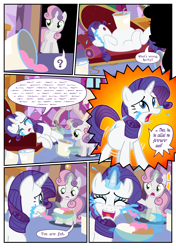 Size: 1600x2270 | Tagged: safe, artist:flash equestria photography, imported from derpibooru, rarity, sweetie belle, unicorn, fanfic:short stories with pregnant ponies, belle sisters, belly, blatant lies, comic, commission, crying, fainting couch, female, food, horn, ice cream, insult, lying down, marshmelodrama, on back, on side, preggity, pregnant, rarity being rarity, sensibly-proportioned pregnancy, siblings, sisters, standing, story included, text, wall of text