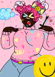 Size: 538x747 | Tagged: safe, artist:xxduncandonutxx, imported from derpibooru, pinkie pie, human, alternate design, alternate hairstyle, breasts, busty pinkie pie, chubby, dark skin, humanized, plus sized, redesign