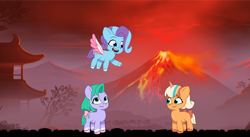 Size: 1850x1016 | Tagged: safe, artist:caseyben887, imported from derpibooru, earth pony, pegasus, pony, unicorn, bow, coat markings, female, filly, flying, foal, g5, glory (g5), grin, hill, horn, house, implied violette rainbow, lava, mare, open mouth, outdoors, peach fizz, pippsqueak trio, pippsqueaks, seashell (g5), shadow fight 2, sky, smiling, socks (coat markings), spread wings, tail, tail bow, volcano, wings