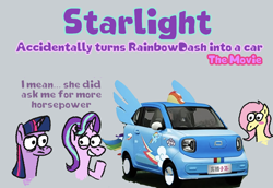 Size: 1048x720 | Tagged: safe, artist:zoeyhorse, imported from derpibooru, fluttershy, rainbow dash, starlight glimmer, twilight sparkle, alicorn, pegasus, pony, unicorn, blush sticker, blushing, bust, car, carified, dialogue, female, gray background, horn, implied flutterdash, implied lesbian, implied shipping, inanimate tf, mare, simple background, text, transformation, twilight sparkle (alicorn)