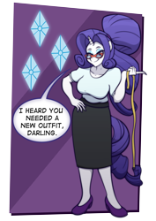 Size: 4961x7016 | Tagged: safe, artist:listartco, imported from derpibooru, rarity, anthro, plantigrade anthro, unicorn, absurd resolution, alternate hairstyle, breasts, busty rarity, clothes, dialogue, female, glasses, hand on hip, horn, lidded eyes, looking at you, mare, measuring tape, partially transparent background, ponytail, rarity's glasses, skirt, smiling, smiling at you, solo, speech bubble