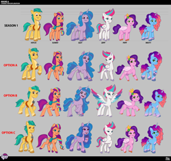 Size: 4779x4491 | Tagged: safe, imported from derpibooru, hitch trailblazer, izzy moonbow, pipp petals, sunny starscout, zipp storm, earth pony, pegasus, pony, unicorn, alternate design, applejack (g5), bracelet, coat markings, concave belly, concept art, diverse body types, english, female, fluttershy (g5), friendship bracelet, g5, gradient horn, height difference, hoof heart, horn, horn markings, jewelry, lil critter workshop, long mane, male, mane five, mane six (g5), mane stripe sunny, mare, misty brightdawn, my little pony: tell your tale, official, pale belly, physique difference, pinkie pie (g5), pipp is short, quadrupedal, rainbow dash (g5), raised hoof, rarity (g5), rebirth misty, royal sisters (g5), sash, sheriff's badge, short mane, siblings, sisters, skinny pipp, slender, socks (coat markings), stallion, standing, standing on two hooves, style comparison, sunny's bag, thin, twilight sparkle (g5), underhoof, unshorn fetlocks, upside-down hoof heart