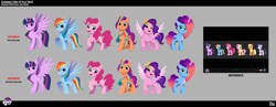 Size: 5750x2230 | Tagged: safe, imported from derpibooru, pinkie pie, pipp petals, rainbow dash, sunny starscout, twilight sparkle, alicorn, earth pony, pegasus, pony, unicorn, concept art, english, female, g5, horn, lil critter workshop, mane stripe sunny, mare, misty brightdawn, my little pony logo, my little pony: a new generation, my little pony: tell your tale, official, rebirth misty, reference used, style comparison, twilight sparkle (alicorn)