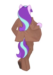 Size: 702x1000 | Tagged: safe, artist:partyponypower, imported from derpibooru, starlight glimmer, anthro, plantigrade anthro, unicorn, alternate universe, clothes, colored, colored lineart, female, flat colors, formal wear, holding, horn, jacket, long mane, mare, pants, pink coat, rear view, s5 starlight, shoes, simple background, solo, standing, three toned mane, three toned tail, white background