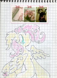 Size: 1668x2271 | Tagged: safe, artist:larvaecandy, imported from derpibooru, fluttershy, cat, pegasus, pony, big eyes, chest fluff, collage, curly eyelashes, ear fluff, eyelashes, female, floppy ears, flower, flower in hair, graph paper, grid paper, irl, leg fluff, long ears, long mane, mare, mixed media, no mouth, one wing out, photo, profile, raised hoof, solo, stamp, teal eyes, traditional art, wingding eyes, wings, yellow coat