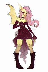 Size: 1506x2225 | Tagged: safe, artist:mibratsiy, imported from derpibooru, fluttershy, anthro, bat pony, bat ponified, boots, clothes, detached sleeves, dress, female, flutterbat, gothic, looking at you, race swap, shoes, shoulderless, simple background, smiling, solo, white background