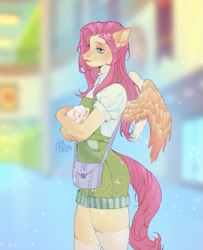 Size: 1667x2048 | Tagged: safe, artist:mibratsiy, imported from derpibooru, angel bunny, fluttershy, anthro, pegasus, rabbit, animal, clothes, female, holding, overalls, purse, smiling, smirk, solo