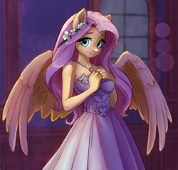 Size: 1961x1879 | Tagged: safe, artist:xilene, imported from derpibooru, fluttershy, anthro, pegasus, clothes, dress, female, flower, flower in hair, jewelry, looking at you, necklace, shy, solo, white dress