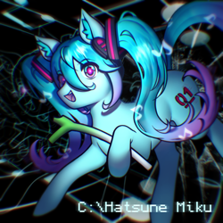 Size: 1920x1920 | Tagged: safe, artist:mrsklll, imported from derpibooru, kotobukiya, earth pony, pony, female, hatsune miku, hoof hold, kotobukiya hatsune miku pony, leek, looking at you, open mouth, open smile, ponified, smiling, solo, vocaloid