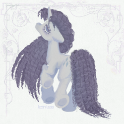 Size: 1500x1500 | Tagged: safe, artist:lompyloops, imported from derpibooru, part of a set, rarity, pony, unicorn, alternate hairstyle, curly mane, female, horn, long mane, looking at you, looking back, looking back at you, mare, solo