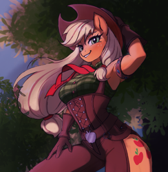 Size: 1897x1942 | Tagged: safe, artist:xilene, imported from derpibooru, applejack, anthro, earth pony, applejack's hat, clothes, cowboy hat, female, gloves, grin, hat, low angle, smiling, solo