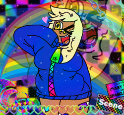 Size: 756x701 | Tagged: safe, artist:xxduncandonutxx, imported from derpibooru, derpy hooves, human, bandaid, bandaid on nose, female, freckles, humanized, rainbow, redesign, scenecore, sfw, solo, solo female, zipper