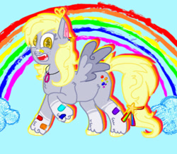 Size: 780x679 | Tagged: safe, artist:xxduncandonutxx, imported from derpibooru, derpy hooves, pegasus, pony, alternate design, alternate hairstyle, bandaid, bandaid on nose, kidcore, rainbow, redesign