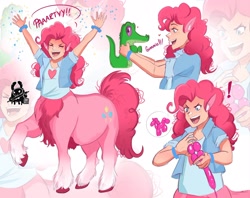 Size: 2048x1623 | Tagged: safe, artist:inkrred, imported from derpibooru, part of a set, gummy, pinkie pie, alligator, centaur, human, taur, balloon, balloon animal, centaur pie, centaurified, elf ears, exclamation point, female, freckles, humanized, light skin, open mouth, open smile, smiling, species swap, zoom layer