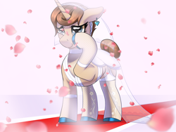 Size: 3072x2304 | Tagged: safe, artist:theuser, imported from derpibooru, oc, oc only, oc:curious heart, pony, unicorn, alternate hairstyle, blue eyes, brown mane, carpet, clothes, commission, crying, dress, ear piercing, earring, female, guardsmare, horn, jewelry, mare, marriage, piercing, red carpet, royal guard, socks, solo, solo female, stockings, tail, tail bun, tan coat, thigh highs, wedding, wedding dress, wiping tears