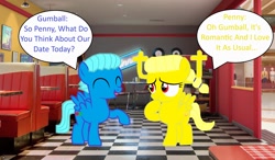 Size: 2117x1234 | Tagged: safe, artist:memeartboi, imported from derpibooru, fairy, fairy pony, original species, pegasus, pony, boyfriend, boyfriend and girlfriend, colt, couple, cute, date, duo, duo male and female, duo pegasus, female, filly, foal, giggling, girlfriend, gumball watterson, love, male, pegasus wings, penny fitzgerald, piercing, ponified, restaurant, speech bubble, spread wings, standing, talking, text, the amazing world of gumball, tongue piercing, wings