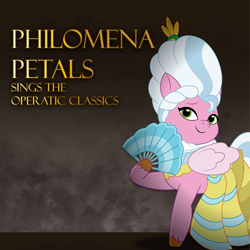 Size: 1500x1500 | Tagged: safe, artist:prixy05, imported from derpibooru, pipp petals, pegasus, pony, album cover, fan, female, g5, mare, my little pony: tell your tale, opera, philomena petals, powdered wig, solo