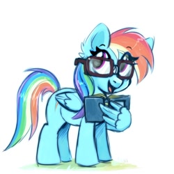 Size: 2000x2000 | Tagged: safe, artist:pozya1007, imported from derpibooru, rainbow dash, pegasus, pony, cute, dashabetes, egghead, egghead dash, female, filly, foal, reading rainboom, simple background, solo, white background