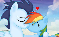 Size: 414x261 | Tagged: safe, artist:gabihessel07, imported from derpibooru, rainbow dash, soarin', pegasus, pony, female, hearts and hooves day, holiday, male, mare, nuzzling, shipping, soarindash, stallion, straight, valentine's day