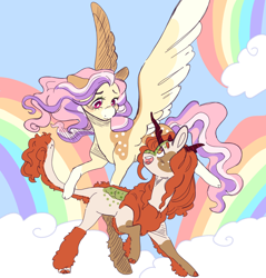 Size: 2200x2300 | Tagged: safe, artist:orphicswanart, imported from derpibooru, autumn blaze, fluttershy, kirin, pegasus, alternate design, autumnshy, blushing, cloud, female, lesbian, looking at each other, looking at someone, rainbow, shipping, solo