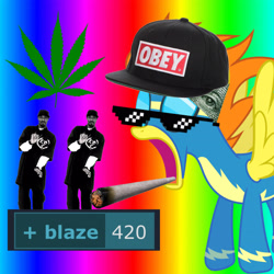 Size: 3464x3464 | Tagged: safe, anonymous editor, artist:landmark520, imported from derpibooru, blaze, pegasus, pony, derpibooru, 1000 hours in picsart, 420, 420 blaze it, blunt, cropped, drugs, illuminati, marijuana, meta, mlg, obey, open mouth, rainbow background, snapback, snoop dogg, sunglasses, swag glasses